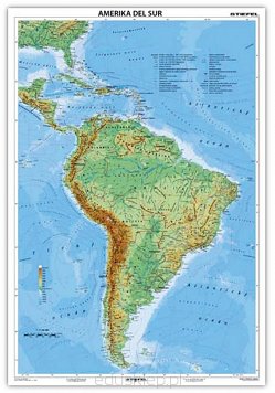 Ameryka Południowa. Mapa fizyczna w języku hiszpańskim, laminowana i oprawiona w drewniane wałki z zawieszką.