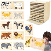 Zestaw puzzle drewniane 12 układanek zwierzątka Montessori + Stojak