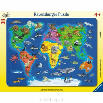Puzzle 30 Elementów Mapa Świata Ze Zwierzętami Ravensburger