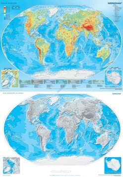 Dwustronna ścienna mapa szkolna przedstawiająca ukształtowanie powierzchni świata.

MAPA FIZYCZNA ŚWIATA - awers
Format: 
160 x 120 cm
Klasyczna, poziomicowa mapa fizyczna została wzbogacona dodatkowo o informacje na temat ochrony środowiska. Umieszczone są na niej rezerwaty biosfery wpisane na światową listę dziedzictwa UNESCO, a ich lista wypisana jest pod mapą.