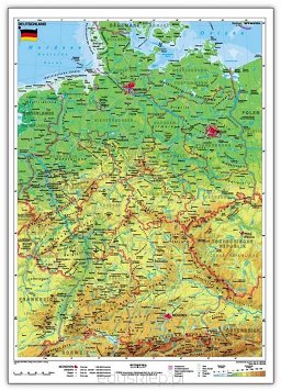 Niemcy mapa fizyczna i konturowa. Dwustronna mapa na która na pierwszej stronie zawiera mapę fizyczną, a na drugiej konturową. Mapa w języku niemieckim, laminowana i oprawiona w drewniane wałki z zawieszką.