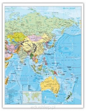 Azja mapa polityczna. Mapa polityczna przedstawiająca terytorium Azji. Mapa laminowana i oprawiona w plastikowe lub metalowe wałki z zawieszką.