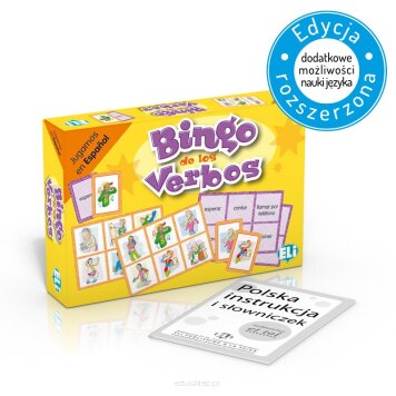 Gra językowa Bingo de los Verbos - edukacyjna gra w karty do nauki hiszpańskiego z instrukcjami w językach hiszpańskim i polskim.
Bingo de los Verbos jest grą językową służącą do nauki podstawowych czasowników hiszpańskich polegającą na dopasowywaniu wylosowanych kart z nazwami czynności, lub obrazkami ilustrującymi nazwy tych czynności, do ich odpowiedników na planszach.

