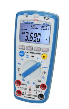 Wielofunkcyjny miernik cyfrowy łączący w sobie funkcje multimetru (DCV, ACV, DCA, ACA, Ohm) i przyrządu do pomiarów poziomu dźwięku, oświetlenia, wilgotności oraz temperatury.
