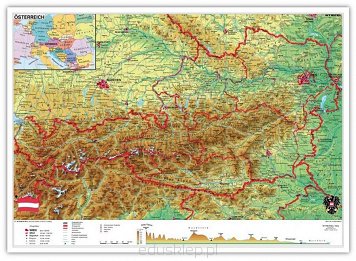 Austria mapa fizyczna. Mapa ścienna przedstawiająca terytorium Austrii w języku niemieckim, laminowana i oprawiona w drewniane wałki z zawieszką.
