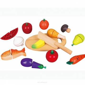 W skład kompletu wchodzi: deska do krojenia, nożyk, arbuz, marchewka, pomidor, bakłażan, grzybek, czosnek, gruszka, banan, jabłko, rybka, udko kurczaka.