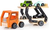 Drewniana zabawka ciężarówka laweta + 4 autka 