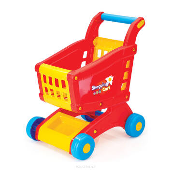 Wózek sklepowy w klasycznych kolorach z koszyczkiem do przewożenia różnych rozmaitości idealnie sprawdzi się do zabawy w sklep. Doskonały do zabaw dla dzieci w wieku przedszkolnym.