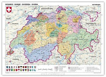 Szwajcaria polityczna mapa ścienna. Mapa przedstawiająca terytorium Szwajcarii w języku niemieckim, laminowana i oprawiona w drewniane wałki z zawieszką.