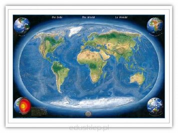 Relief Ziemi i dna morskiego. Ścienna mapa świata przedstawiająca relief Ziemi oraz dna morskiego. Laminowana i oprawiona w drewniane wałki z zawieszką