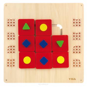 Drewniana Układanka ścienna Kształty od firmy Viga to jedna z czołowych zabawek, która pozwoli dziecku wejść do świata ciekawej i kreatywnej zabawy. Drewniana układanka wyposażona została w 8 płytek z różnymi kształtami: 2 zielone trójkąty, 3 niebieskie romby, 3 żółte kółka i jedno wolne miejsce aby można było przesuwać płytki. 