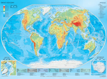 Ścienna mapa szkolna przedstawiająca ukształtowanie powierzchni świata. Klasyczna, poziomicowa mapa fizyczna została wzbogacona dodatkowo o informacje na temat ochrony środowiska. Umieszczone są na niej rezerwaty biosfery wpisane na światową listę dziedzictwa UNESCO, a ich lista wypisana jest pod mapą.
Format: 
200 x 150 cm
Skala:
1 : 22 000 000