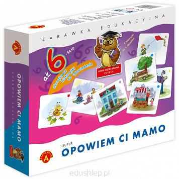 Opowiem Ci Mamo super to kolejna wersja cieszących się dużym powodzeniem zabawek dydaktycznych przeznaczonych dla dzieci od 3 lat. Pudełko zawiera 48 obrazków, z których należy ułożyć 8 logicznych historyjek.