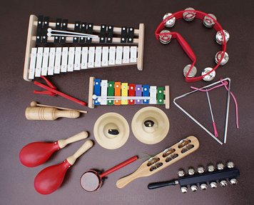 Zestaw dziesięciu instrumentów muzycznych przeznaczony do nauczania początkowego. 
