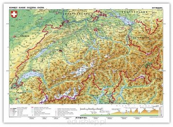 Szwajcaria fizyczna mapa ścienna. Mapa przedstawiająca terytorium Szwajcarii w języku niemieckim, laminowana i oprawiona w drewniane wałki z zawieszką.
