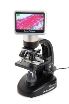 Mikroskop klasy edukacyjnej z wbudowanym wyświetlaczem LCD o przekątnej 4,3”. Dzięki czterem achromatycznym obiektywom możliwe jest uzyskanie powiększeń: 40x, 100x, 200x i 400x.