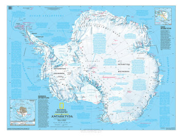 Ścienna, fizyczna mapa szkolna wydawnictwa National Geographic przedstawiająca ukształtowanie powierzchni Antarktydy. Zawiera bogate informacje dotyczące geografii rejonu antarktycznego, klimatu, bogactw naturalnych, flory i fauny, lodowców, historii odkryć oraz badań tego najbardziej tajemniczego i niedostępnego kontynentu.