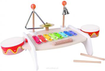 Zestaw Instrumenty muzyczne dla dzieci ksylofon tarka cymbałki bębenki talerz pałeczki trójkąt dzwonek 9 el.