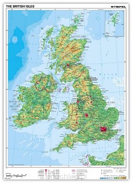 Wyspy Brytyjskie mapa fizyczna. The British Isles.  Mapa fizyczna przedstawiająca terytorium Wysp brytyjskich. Wyspy Brytyjskie obejmują dwie główne wyspy: Wielką Brytanię i Irlandię oraz ponad pięć tysięcy mniejszych wysp, wśród których największe i najbardziej znane to Hebrydy, Szetlandy, Orkady, Anglesey, Man, Arran, Wight, Bute oraz Wyspy Scilly. Mapa w języku angielskim, laminowana i oprawiona w drewniane wałki z zawieszką.