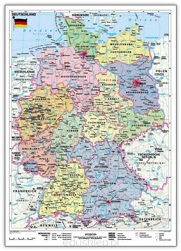 Niemcy mapa polityczna i konturowa. Dwustronna mapa, która na pierwszej stronie zawiera mapę polityczną, a na drugiej konturową. Mapa w języku niemieckim, laminowana i oprawiona w drewniane wałki z zawieszką.