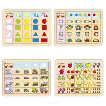 Zestaw 4 logicznych gier o różnej tematyce (kształty, przedmioty, wielkości, owoce).