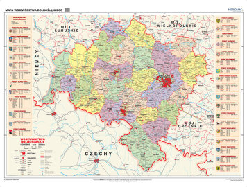 Ścienna mapa szkolna przedstawiająca administracyjny podział województwa dolnośląskiego wraz z uwzględnieniem sieci dróg i autostrad, kolei oraz drogowe i kolejowe przejścia graniczne.
Format:
160 x 120 cm
Skala:
1 : 190 000