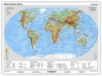 Świat fizyczny i polityczny. Dwustronna mapa ścienna. Z jednej strony ukazuje mapę fizyczną świata, a z drugiej mapę polityczną. Laminowana i oprawiona w drewniane wałki z zawieszką.
