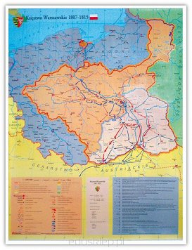 Księstwo Warszawskie Europa wojny napoleońskie mapa dwustronna. Mapa dwustronna przedstawiająca terytorium Księstwa Warszawskiego w latach 1807-1815. W tym okresie Księstwo Warszawskie graniczyło z Królestwem Pruskim, Cesarstwem Rosyjskim i Cesarstwem Austryjackim. Druga strona mapy przedstawia Europę z okresu wojem napoleońskich w latach 1792-115. Mapa laminowana i oprawiona w drewniane wałki z zawieszką.