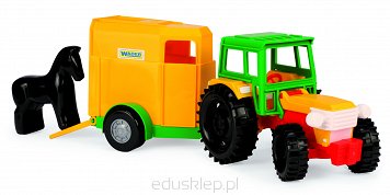Traktor Color Cars w dwóch wersjach: z przyczepą na konia i z wywrotką. Obie wersje to pojazdy o nowoczesnej stylistyce a łączna długość traktora i przyczepy wynosi 38,5 cm. Zestaw doskonale nadaje się do zabawy zarówno w domu.