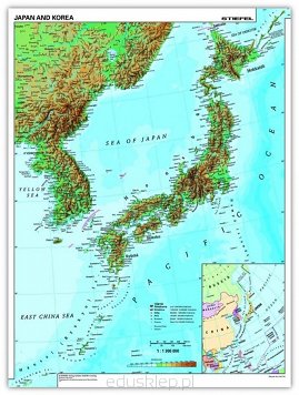 Japonia i Korea mapa fizyczna. Mapa fizyczna przedstawiająca terytorium Japonii i Korei. Mapa w języku angielskim, laminowana i oprawiona w drewniane wałki z zawieszką.