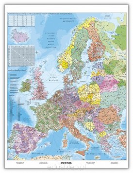 Europa kodowa. Mapa ścienna zawierająca  mapę polityczną Europy wraz z informacją dotyczącą kodów pocztowych na poszczególnych obszarach. Laminowana i oprawiona w plastikowe lub metalowe wałki z zawieszką.
